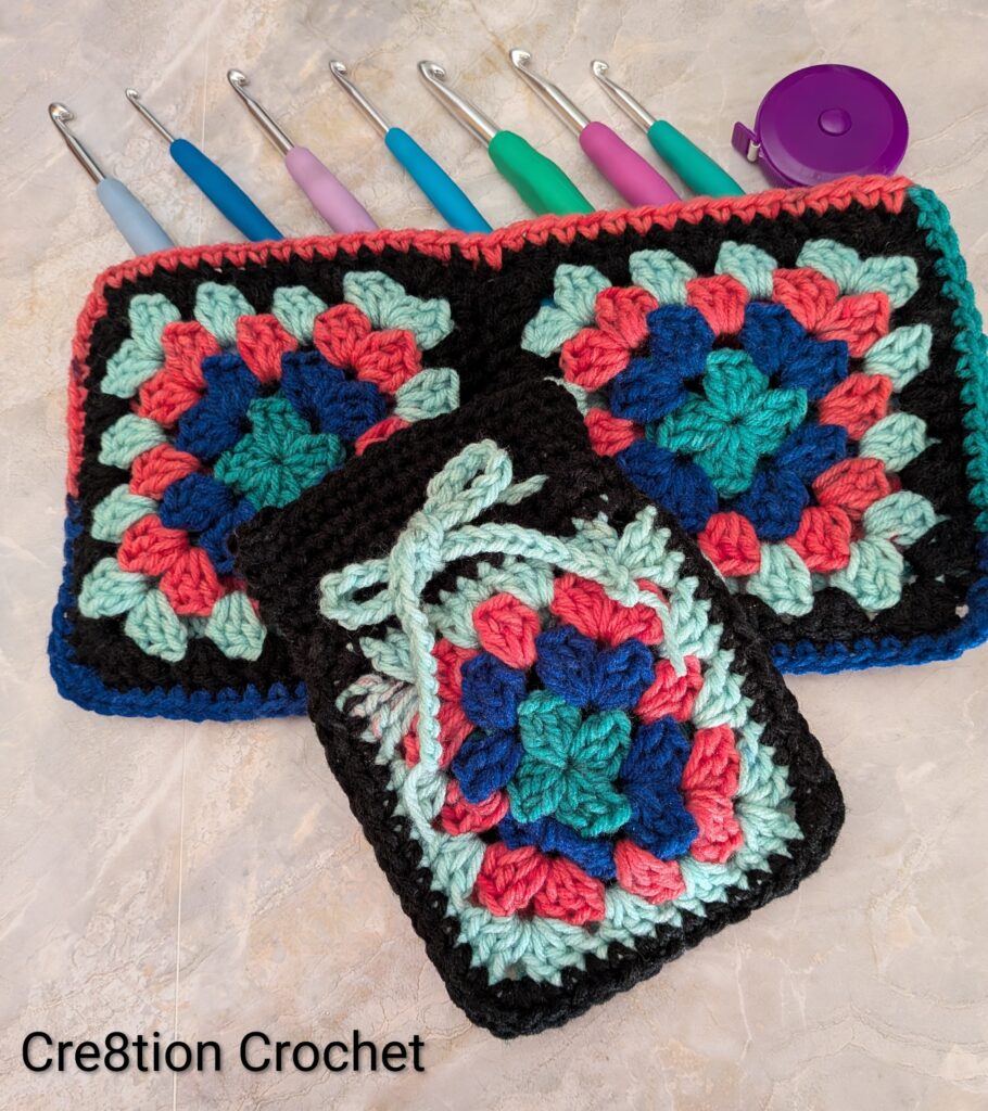 This is a crochet pattern review of the Drawstring Bag and Zipper Pouch by Banana Moon Studio using Red Heart All in One Granny Square yarn. 