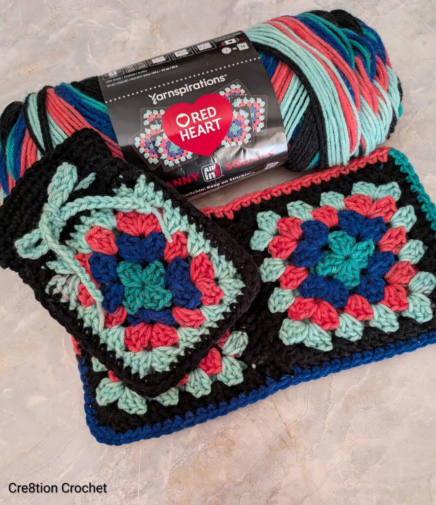 This is a crochet pattern review of the Drawstring Bag and Zipper Pouch by Banana Moon Studio using Red Heart All in One Granny Square yarn. 